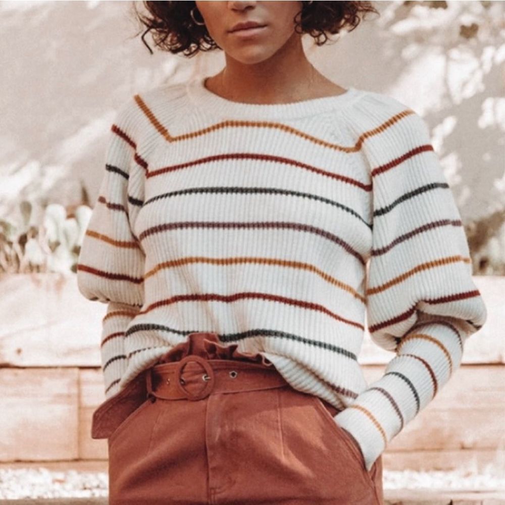 Saylor Keane Puff Sleeve Striped Sweater Cream Size S